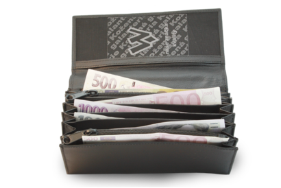 Kožená číšnická peněženka se zipovými kapsami na mince