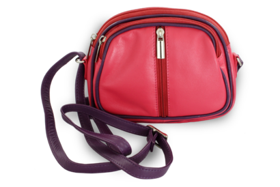 Růžovo-fialová kožená trojzipová kabelka