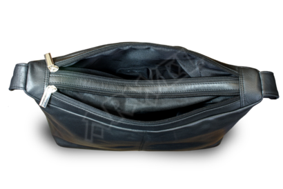 Černá kožená dvouzipová kabelka s širokým popruhem